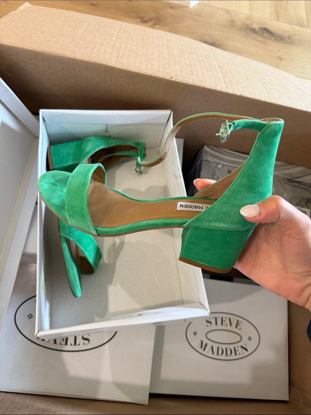 Steve Madden Green Suede Ankle-Strap Block Heel Sandals